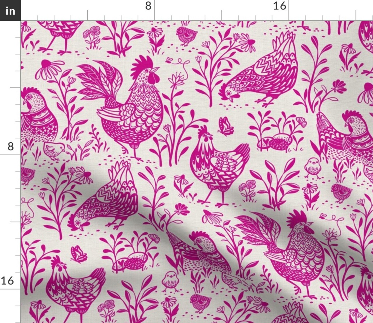 Fuschia Bright Rooster Chickens Toile De Jouy Farmhouse Cottage Chicks Scandinavian Custom Printed Fabric by Spoonflower Various Fabrics by the Yard or Fat Quarter